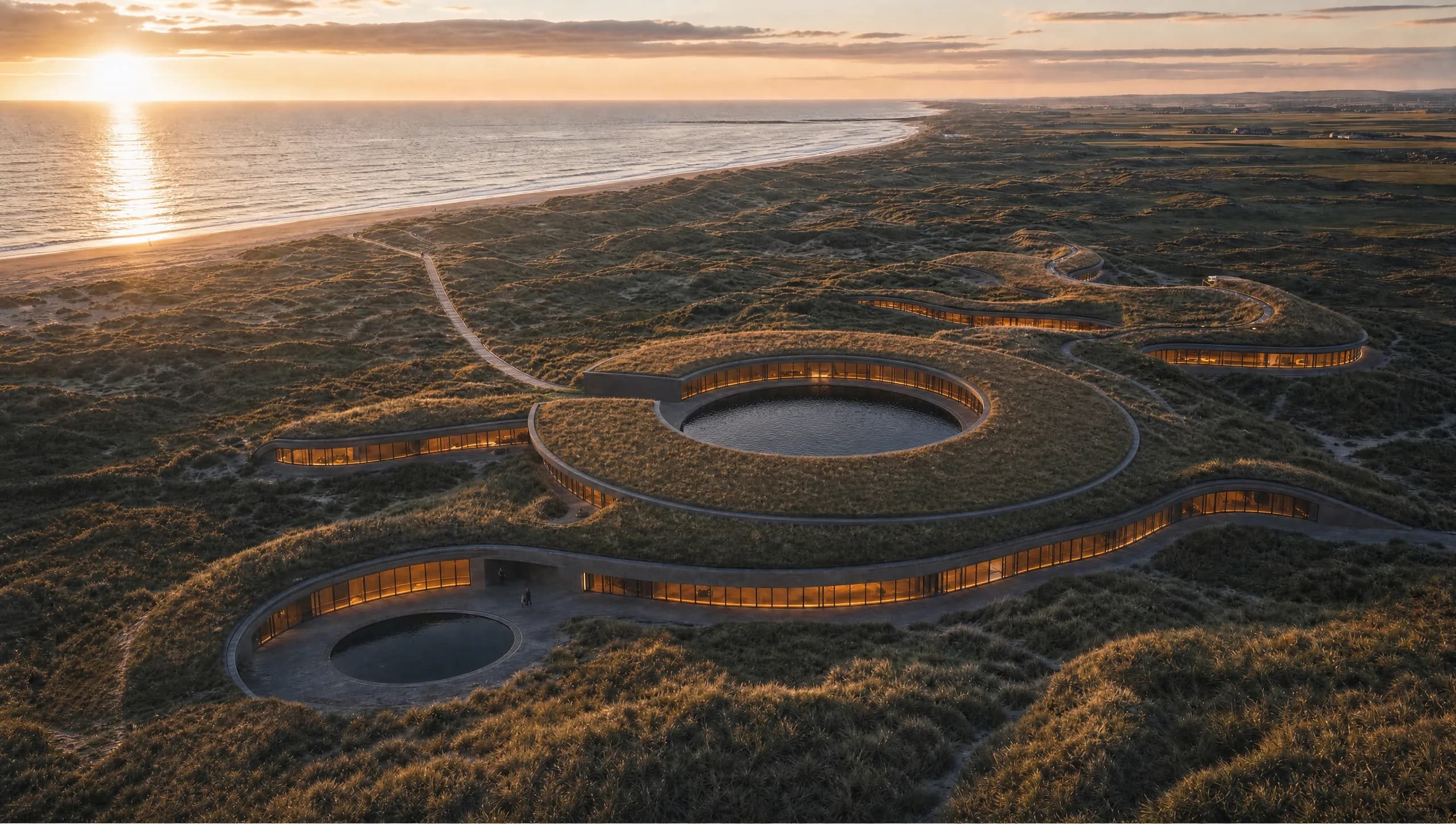 Concept aerial view at golden hour of a low hotel and spa set well back in the dune belt, its planted grass roofs continuous with the terrain. A colossal circular bathing hall dominates, its roof opening in a great oculus over still dark water, its ring broken only on the seaward side where a boardwalk runs west across the dunes to the beach. Sinuous glazed wings curve away through the dune hollows, with the North Sea to the west and farmland inland to the east.