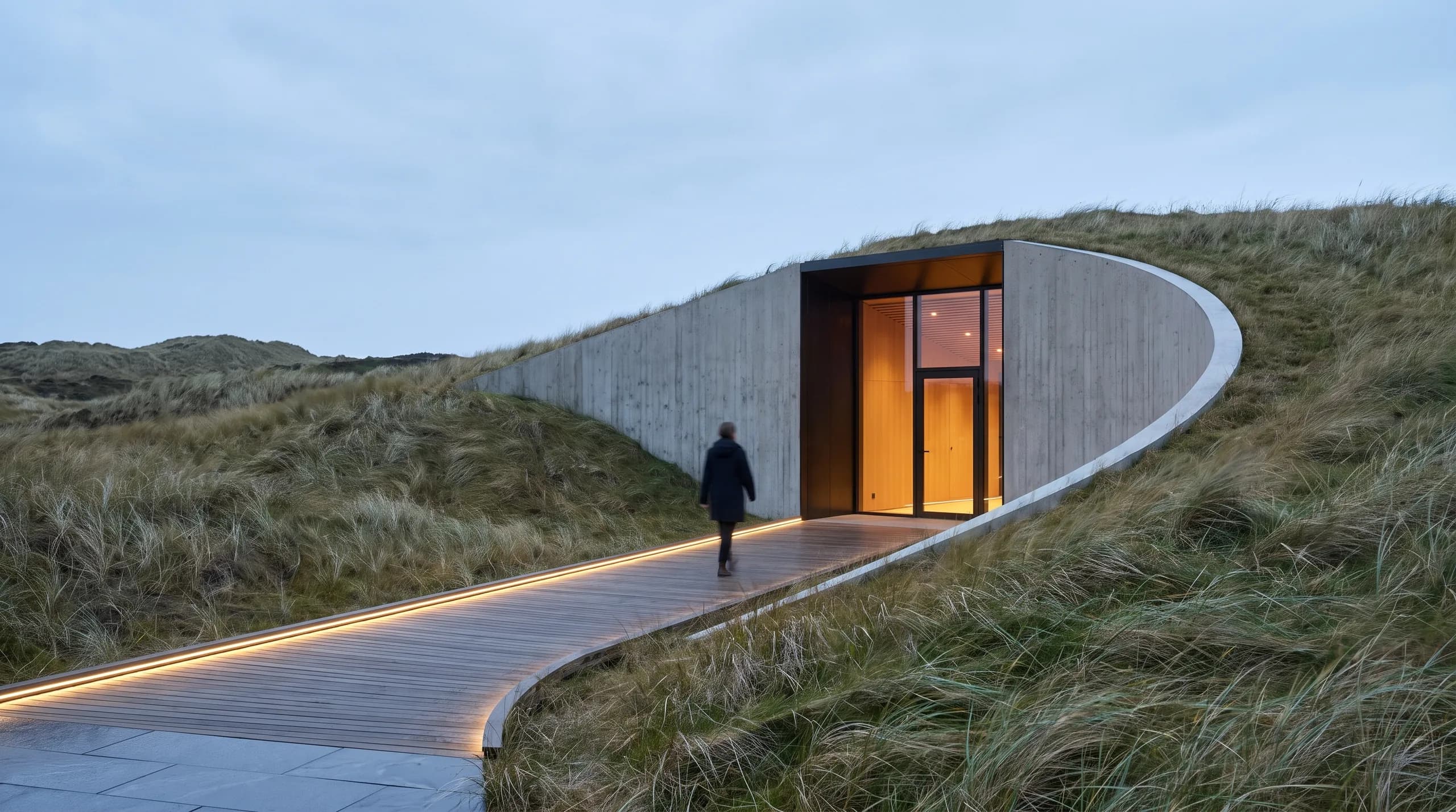 Concept view of the inland approach at dusk, where the building is almost entirely concealed within grass-covered dune terrain and the sea is not yet visible.