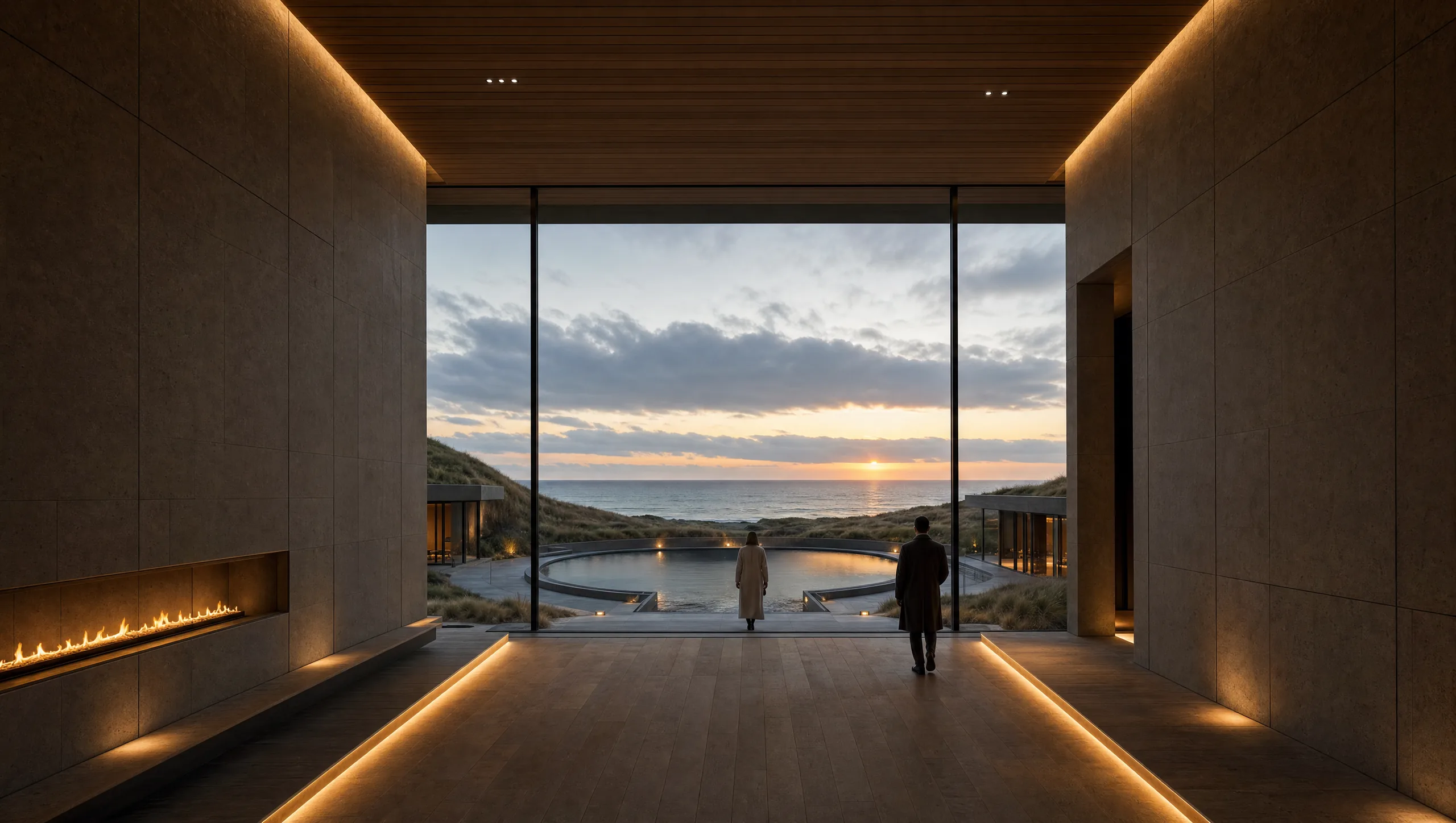 Concept view from a dark warm interior threshold looking west through a wide opening to a courtyard pool and the North Sea horizon at sunset.