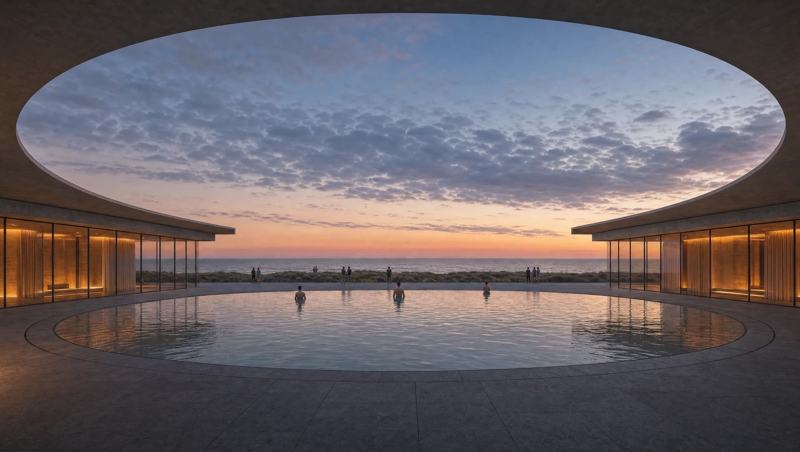 Concept view of a circular open-to-sky bathing courtyard with a dark still pool, opening westward to the North Sea horizon at dusk.