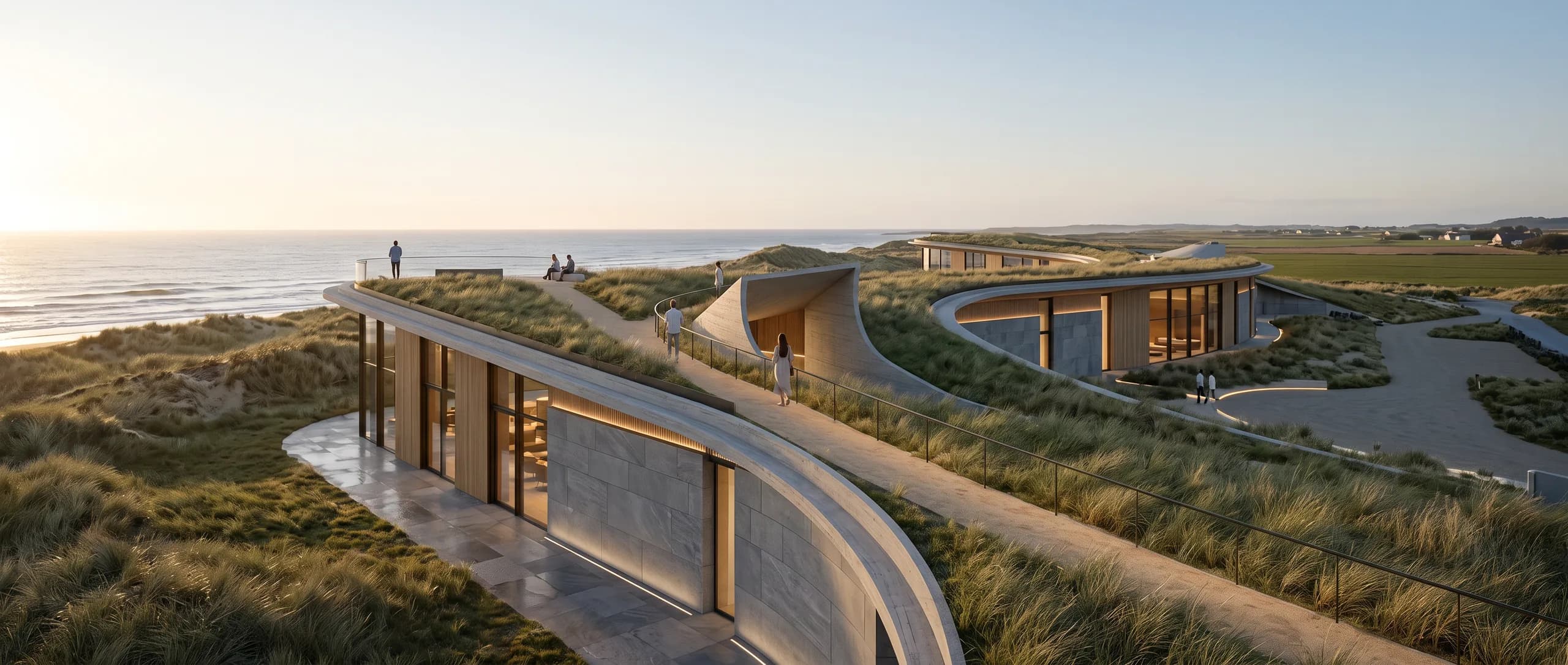 Concept view of a planted walkable roof path rising toward a public viewpoint over the sea at blue hour.