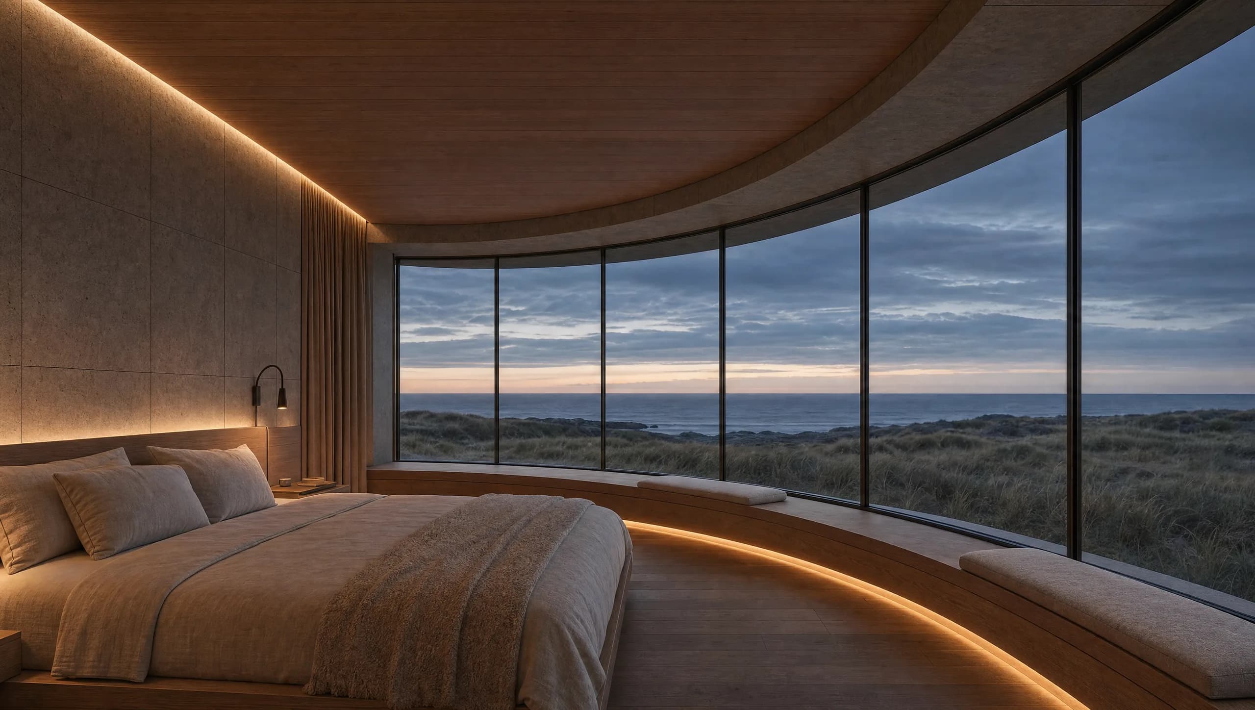Concept view of a guest room in one of the curving wings, its gently curved window and built-in oak bench framing a wide view west over dune grass to the North Sea at dusk.