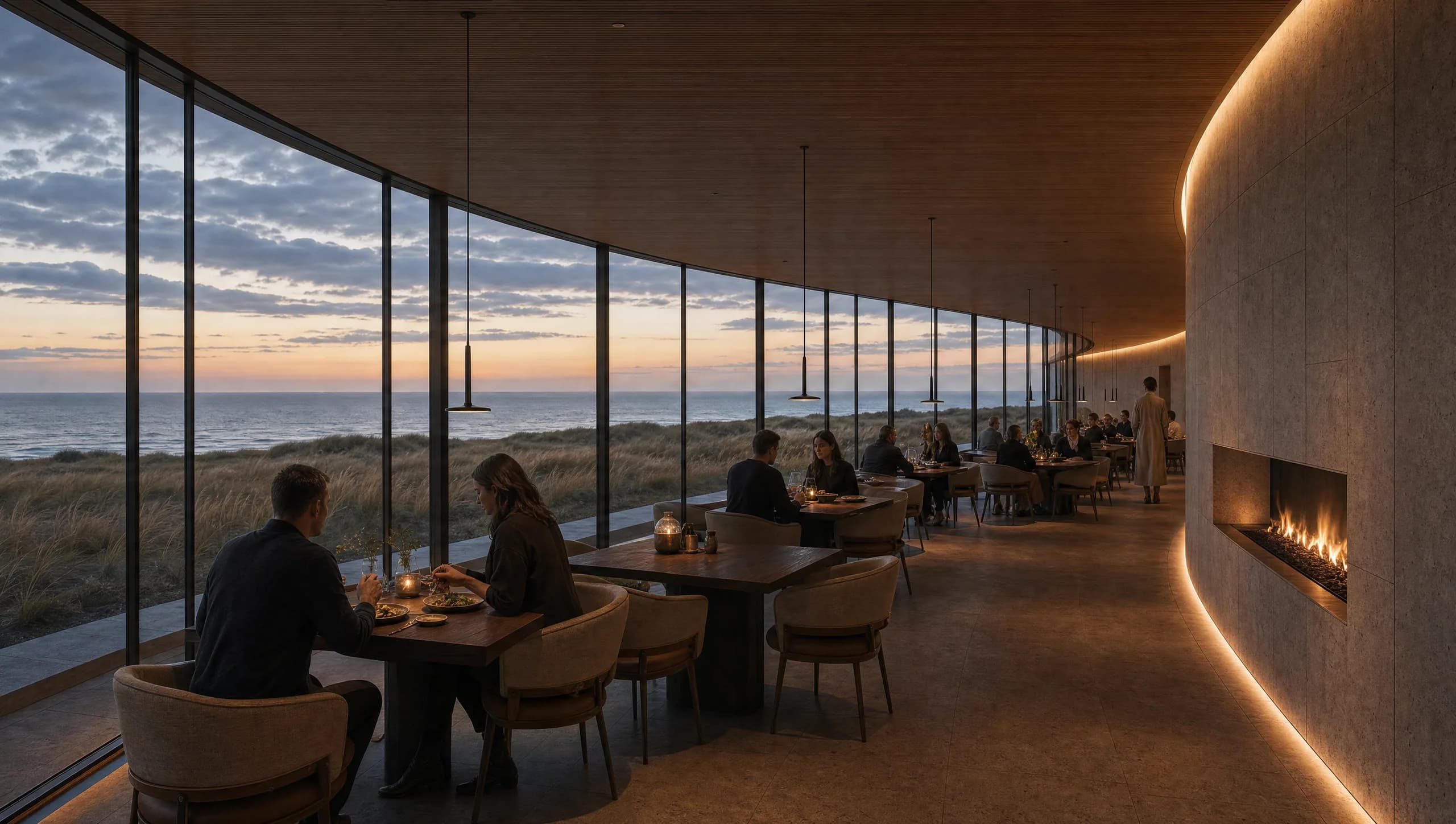Concept view of a restaurant interior with an oak slatted ceiling, a honed stone wall with a linear open fire, and full-height glazing running the length of the room looking west over dunes to the sea.