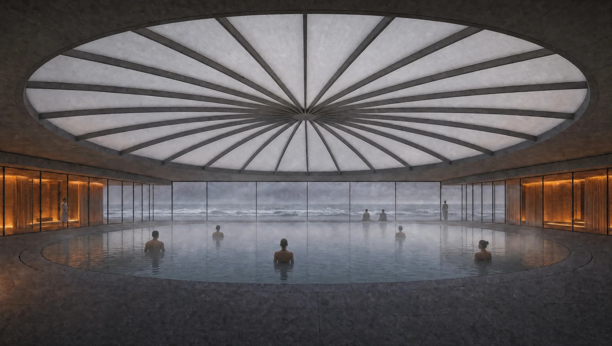 Concept view of the same courtyard enclosed and in use: radial roof panels closed overhead in a translucent disc, and a straight wall of storm glazing closing the western opening, with bathers standing in the still water while wind-driven rain and heavy surf continue outside.