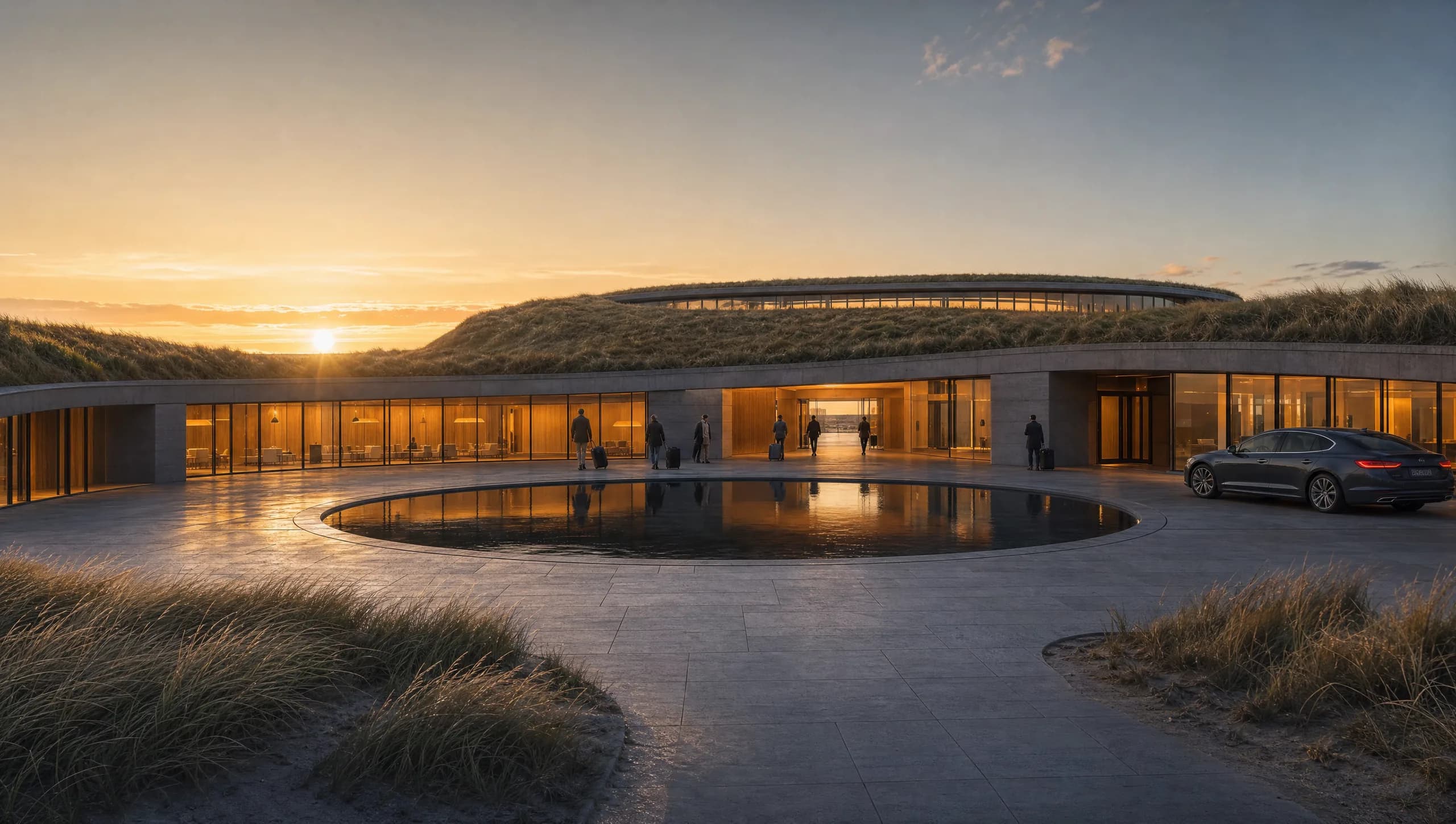Concept view at eye level from the inland arrival court looking west: a small still circular reflecting pool set flush in stone paving, low grass-roofed wings glowing warm on either side, the grass-roofed drum of The Heart rising behind, and the sea showing only as a bright slot through the centre.